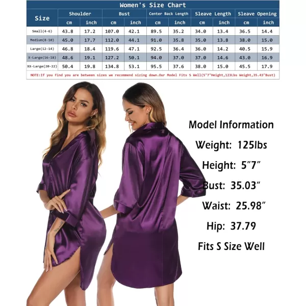 Leikar Satin Nightgown For Women 34 Sleeve Silk Night Shirts Button Down Pajamas Dress Boyfriend Sleepshirt SXXLPurple