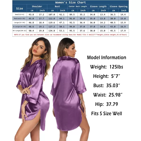 Leikar Satin Nightgown For Women 34 Sleeve Silk Night Shirts Button Down Pajamas Dress Boyfriend Sleepshirt SXXLViolet