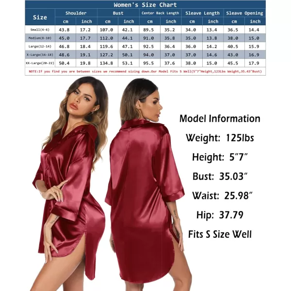 Leikar Satin Nightgown For Women 34 Sleeve Silk Night Shirts Button Down Pajamas Dress Boyfriend Sleepshirt SXXLWine Red