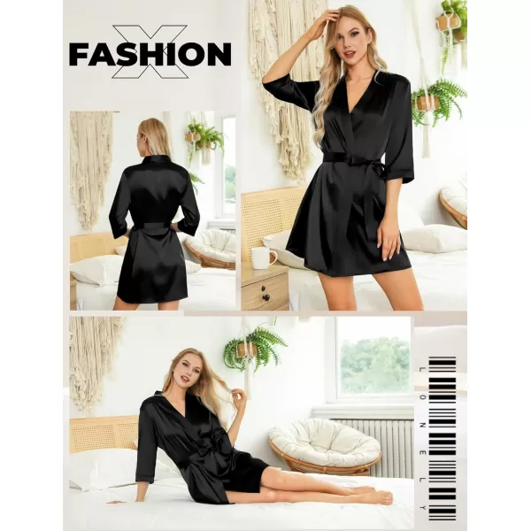 Leikar Silk Summer Robes For Women Floral Kimono Bridesmaid Pajamas Satin Flower BathrobeBlack