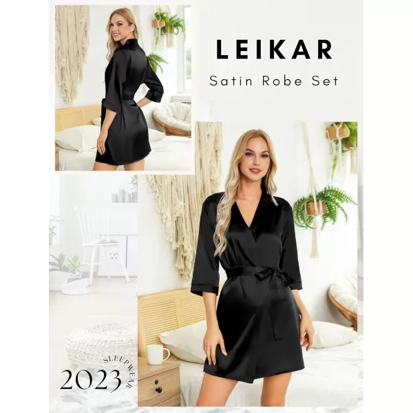 Leikar Silk Summer Robes For Women Floral Kimono Bridesmaid Pajamas Satin Flower BathrobeBlack