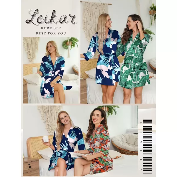 Leikar Silk Summer Robes For Women Floral Kimono Bridesmaid Pajamas Satin Flower BathrobeFloral Blue Leaf