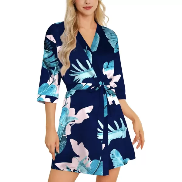 Leikar Silk Summer Robes For Women Floral Kimono Bridesmaid Pajamas Satin Flower BathrobeFloral Blue Leaf
