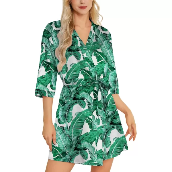 Leikar Silk Summer Robes For Women Floral Kimono Bridesmaid Pajamas Satin Flower BathrobeFloral Green Leaf