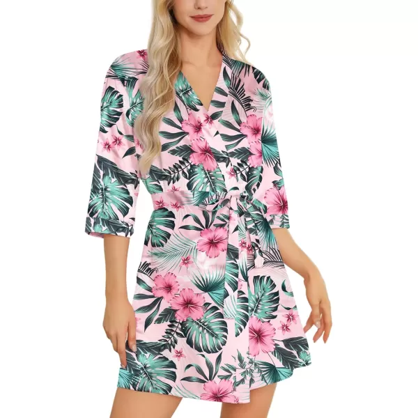 Leikar Silk Summer Robes For Women Floral Kimono Bridesmaid Pajamas Satin Flower BathrobeFloral Pink