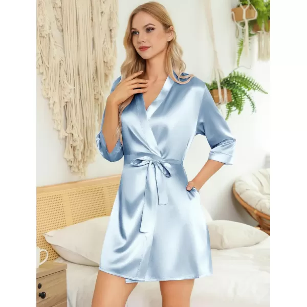Leikar Silk Summer Robes For Women Floral Kimono Bridesmaid Pajamas Satin Flower BathrobeLight Blue