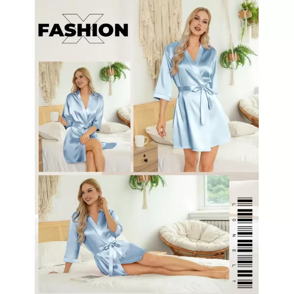 Leikar Silk Summer Robes For Women Floral Kimono Bridesmaid Pajamas Satin Flower BathrobeLight Blue