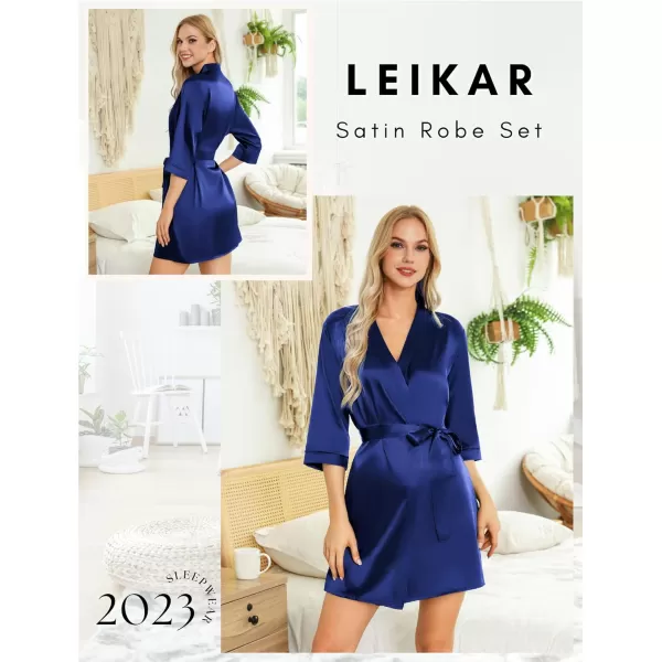 Leikar Silk Summer Robes For Women Floral Kimono Bridesmaid Pajamas Satin Flower BathrobeNavy Blue