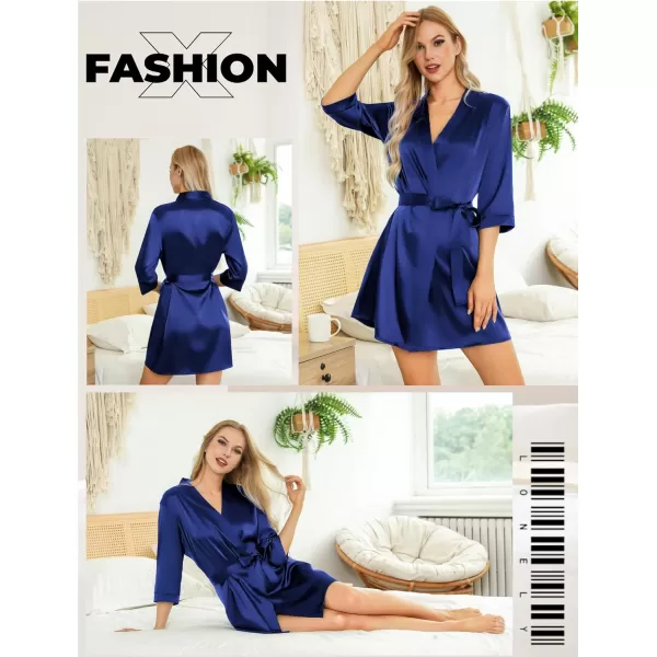 Leikar Silk Summer Robes For Women Floral Kimono Bridesmaid Pajamas Satin Flower BathrobeNavy Blue