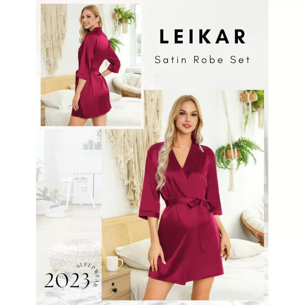 Leikar Silk Summer Robes For Women Floral Kimono Bridesmaid Pajamas Satin Flower BathrobeWine Red