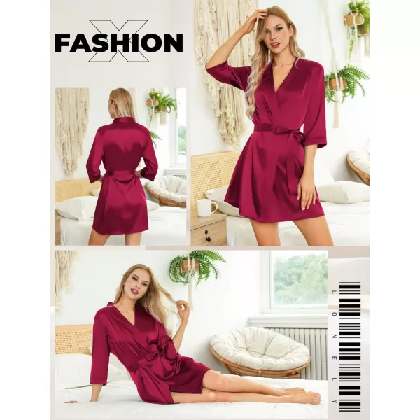 Leikar Silk Summer Robes For Women Floral Kimono Bridesmaid Pajamas Satin Flower BathrobeWine Red