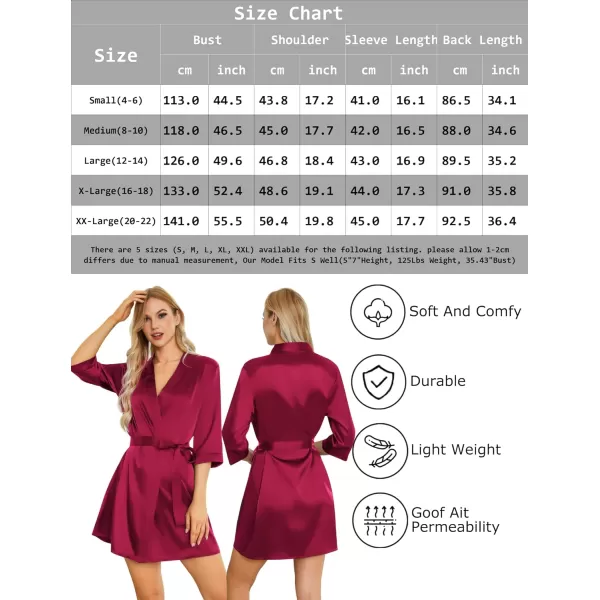 Leikar Silk Summer Robes For Women Floral Kimono Bridesmaid Pajamas Satin Flower BathrobeWine Red