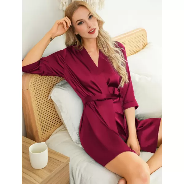Leikar Silk Summer Robes For Women Floral Kimono Bridesmaid Pajamas Satin Flower BathrobeWine Red