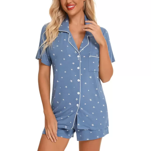 Leikar Womens Button Down Pajama Sets Bride Pajamas Sets Sleepwear Shorts Lounge SetAblue Star Printwith Shorts Pocket