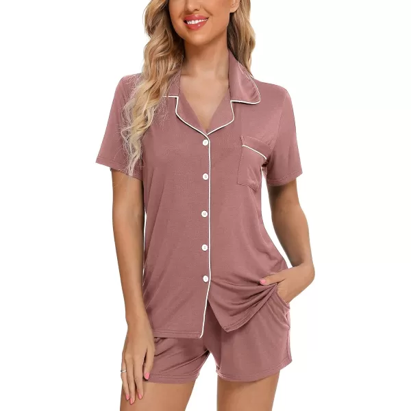 Leikar Womens Button Down Pajama Sets Bride Pajamas Sets Sleepwear Shorts Lounge SetAbrick Redwith Shorts Pocket