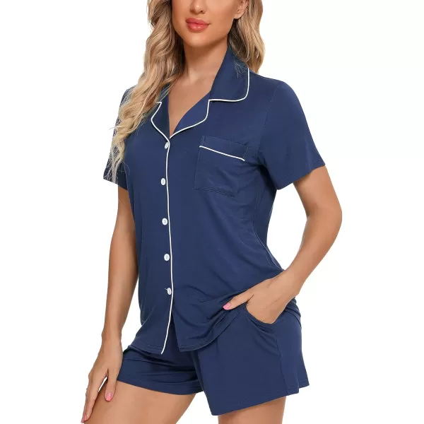 Leikar Womens Button Down Pajama Sets Bride Pajamas Sets Sleepwear Shorts Lounge SetAdark Bluewith Shorts Pocket