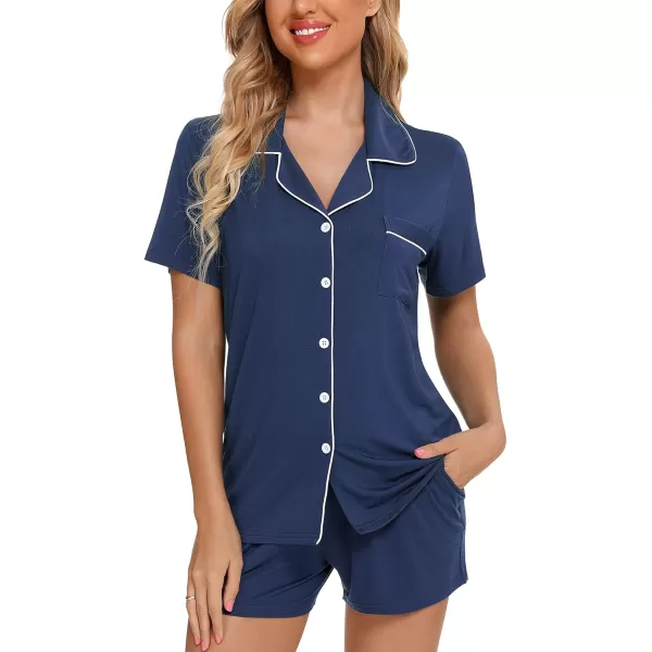 Leikar Womens Button Down Pajama Sets Bride Pajamas Sets Sleepwear Shorts Lounge SetAdark Bluewith Shorts Pocket