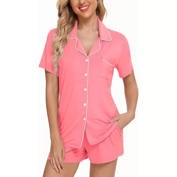 Leikar Womens Button Down Pajama Sets Bride Pajamas Sets Sleepwear Shorts Lounge SetAlight Coralwith Shorts Pocket