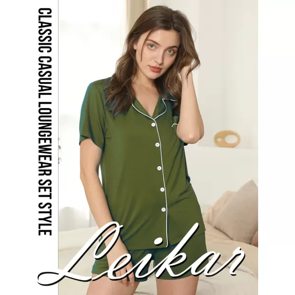 Leikar Womens Button Down Pajama Sets Bride Pajamas Sets Sleepwear Shorts Lounge SetAolive Greenwith Shorts Pocket