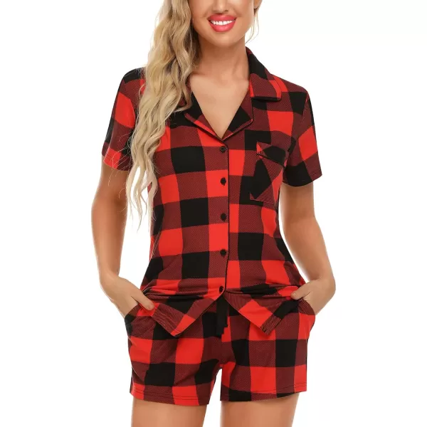 Leikar Womens Button Down Pajama Sets Bride Pajamas Sets Sleepwear Shorts Lounge SetAplaid Redwith Shorts Pocket