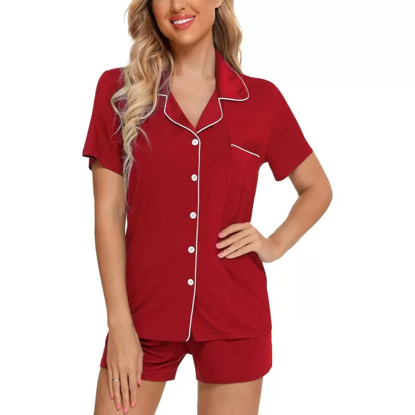 Leikar Womens Button Down Pajama Sets Bride Pajamas Sets Sleepwear Shorts Lounge SetAwine Redwith Shorts Pocket