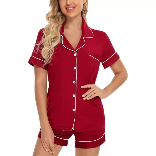 Leikar Womens Button Down Pajama Sets Bride Pajamas Sets Sleepwear Shorts Lounge SetBwine Red