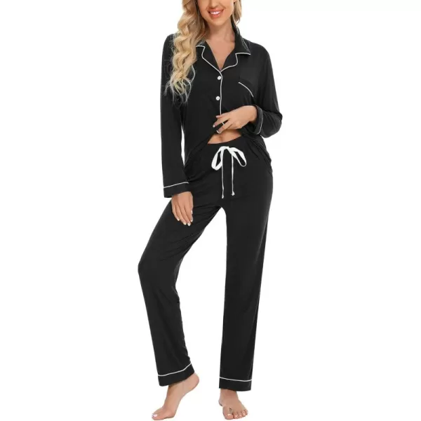 Leikar Button Up Pajama Set For Women Long Sleeve Shirt And Pajama Pants Soft Pjs Lounge SetsBlack