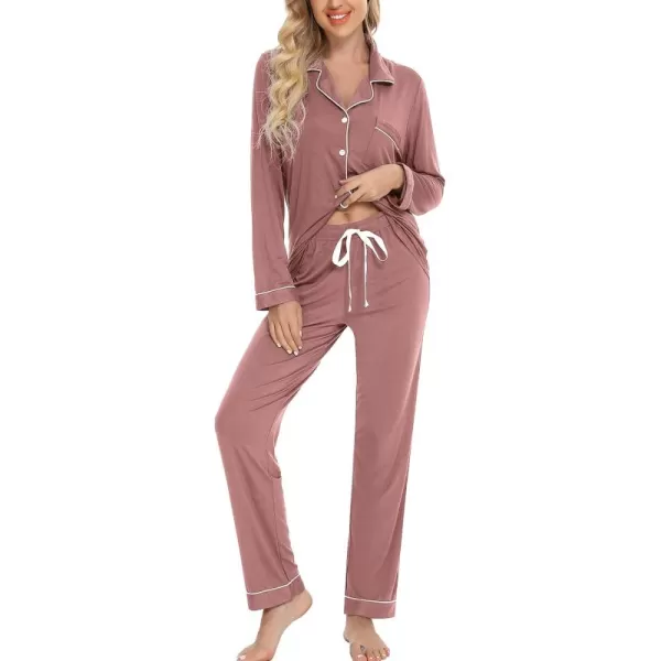 Leikar Button Up Pajama Set For Women Long Sleeve Shirt And Pajama Pants Soft Pjs Lounge SetsBrick Red