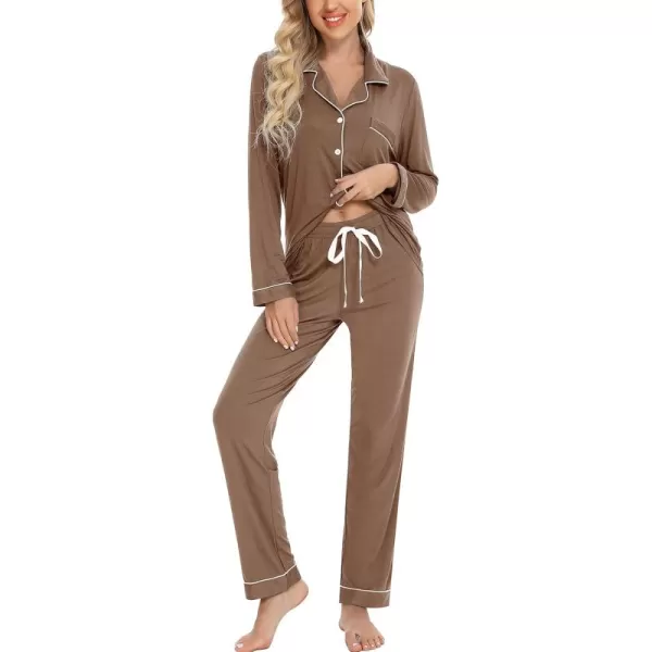 Leikar Button Up Pajama Set For Women Long Sleeve Shirt And Pajama Pants Soft Pjs Lounge SetsBrown