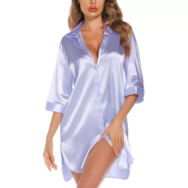 Leikar Satin Nightgown For Women 34 Sleeve Silk Night Shirts Button Down Pajamas Dress Boyfriend Sleepshirt SXXLLavender