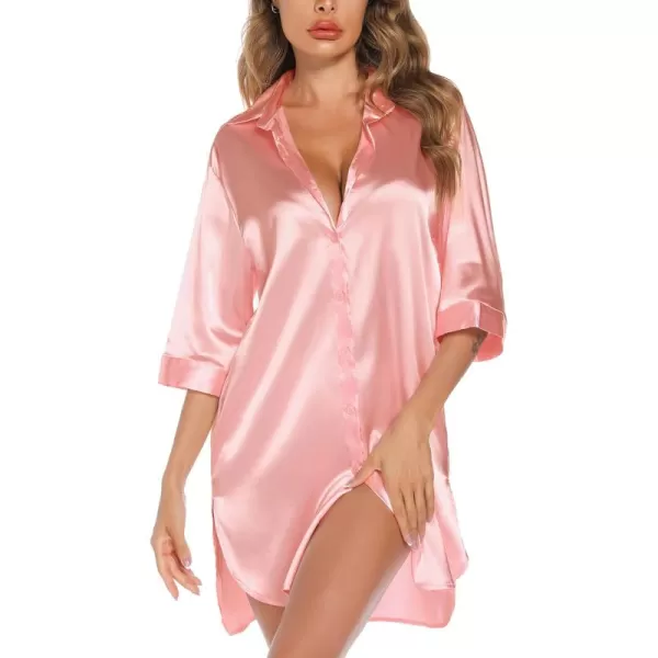 Leikar Satin Nightgown For Women 34 Sleeve Silk Night Shirts Button Down Pajamas Dress Boyfriend Sleepshirt SXXLRose Gold