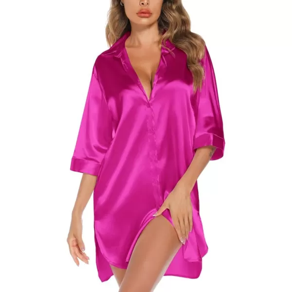 Leikar Satin Nightgown For Women 34 Sleeve Silk Night Shirts Button Down Pajamas Dress Boyfriend Sleepshirt SXXLRose Red