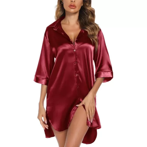 Leikar Satin Nightgown For Women 34 Sleeve Silk Night Shirts Button Down Pajamas Dress Boyfriend Sleepshirt SXXLWine Red