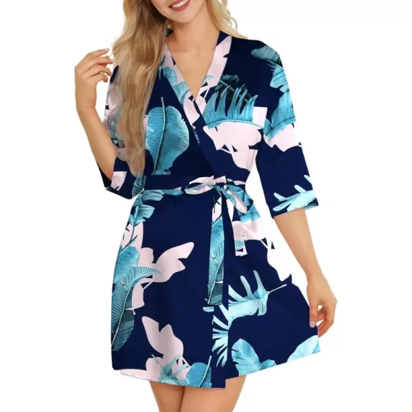 Leikar Silk Summer Robes For Women Floral Kimono Bridesmaid Pajamas Satin Flower BathrobeFloral Blue Leaf