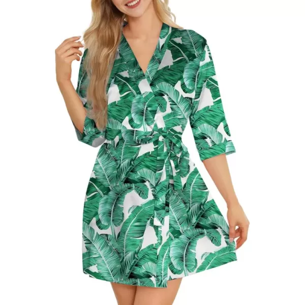 Leikar Silk Summer Robes For Women Floral Kimono Bridesmaid Pajamas Satin Flower BathrobeFloral Green Leaf