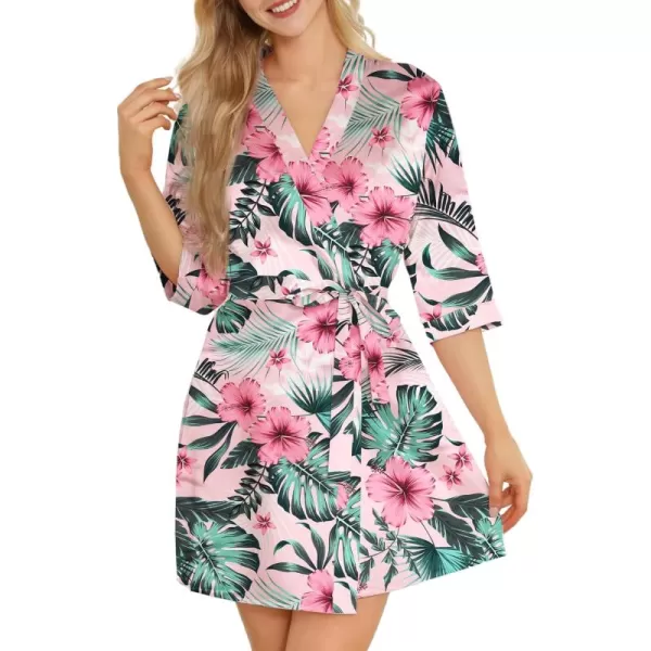 Leikar Silk Summer Robes For Women Floral Kimono Bridesmaid Pajamas Satin Flower BathrobeFloral Pink