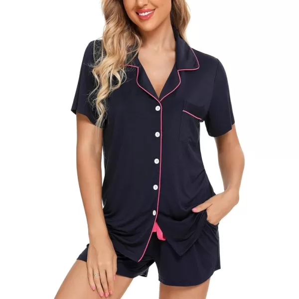 Leikar Womens Button Down Pajama Sets Bride Pajamas Sets Sleepwear Shorts Lounge SetAblue Pink Sidewith Shorts Pocket
