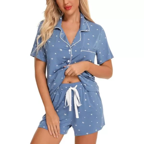 Leikar Womens Button Down Pajama Sets Bride Pajamas Sets Sleepwear Shorts Lounge SetAblue Star Printwith Shorts Pocket