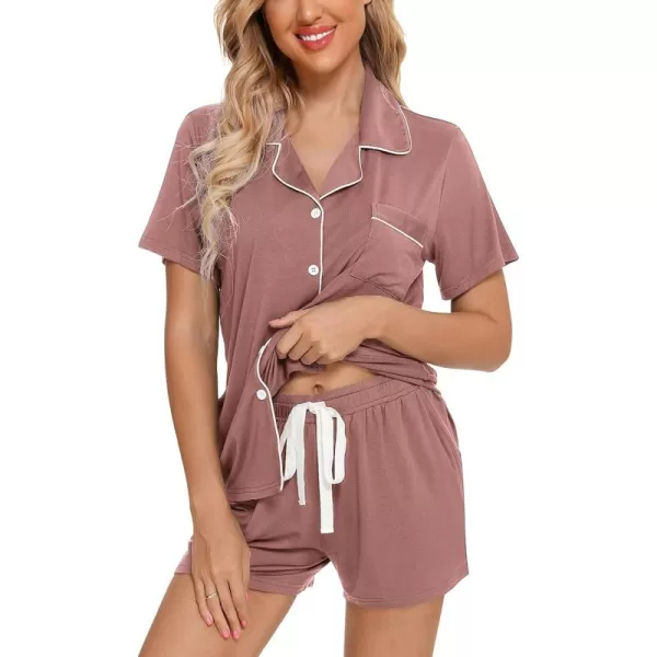 Leikar Womens Button Down Pajama Sets Bride Pajamas Sets Sleepwear Shorts Lounge SetAbrick Redwith Shorts Pocket