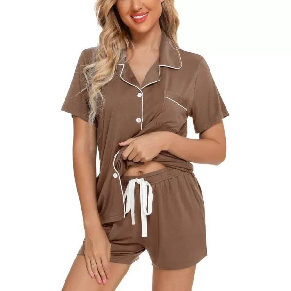 Leikar Womens Button Down Pajama Sets Bride Pajamas Sets Sleepwear Shorts Lounge SetAbrownwith Shorts Pocket