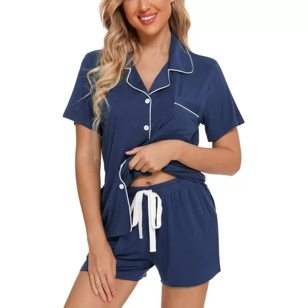 Leikar Womens Button Down Pajama Sets Bride Pajamas Sets Sleepwear Shorts Lounge SetAdark Bluewith Shorts Pocket