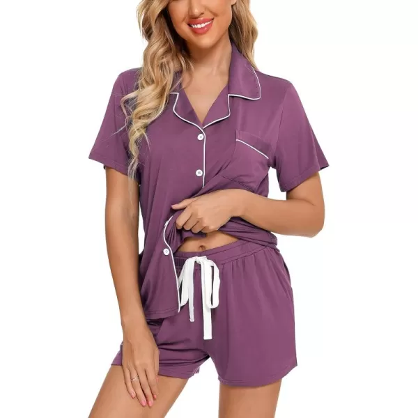 Leikar Womens Button Down Pajama Sets Bride Pajamas Sets Sleepwear Shorts Lounge SetAdark Purplewith Shorts Pocket