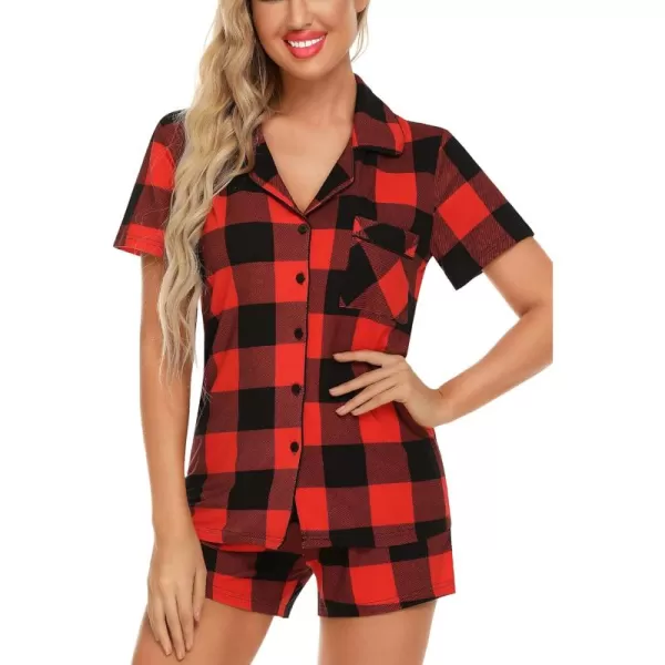 Leikar Womens Button Down Pajama Sets Bride Pajamas Sets Sleepwear Shorts Lounge SetAplaid Redwith Shorts Pocket