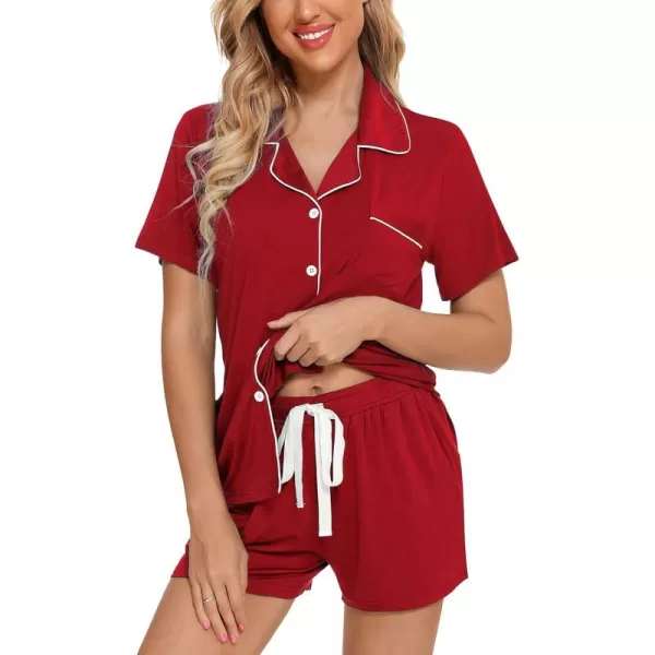 Leikar Womens Button Down Pajama Sets Bride Pajamas Sets Sleepwear Shorts Lounge SetAwine Redwith Shorts Pocket