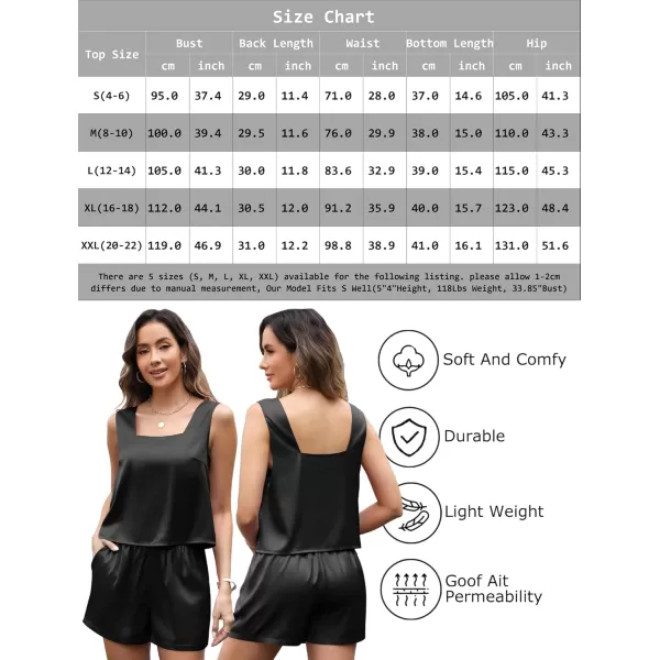 Leikar 2 Piece Sets For Women Summer Satin Silk Pajamas Short Set Square Neck Tank Top Lounge SetsBlack