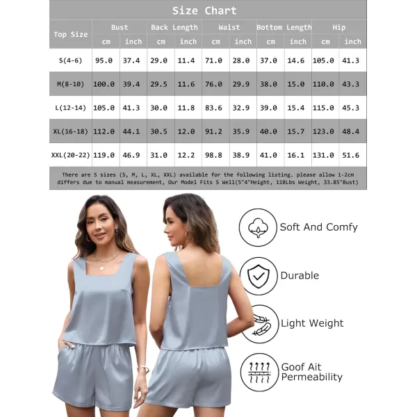 Leikar 2 Piece Sets For Women Summer Satin Silk Pajamas Short Set Square Neck Tank Top Lounge SetsLight Blue