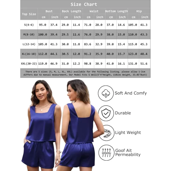 Leikar 2 Piece Sets For Women Summer Satin Silk Pajamas Short Set Square Neck Tank Top Lounge SetsNavy Blue