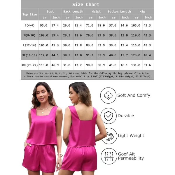 Leikar 2 Piece Sets For Women Summer Satin Silk Pajamas Short Set Square Neck Tank Top Lounge SetsRose Red