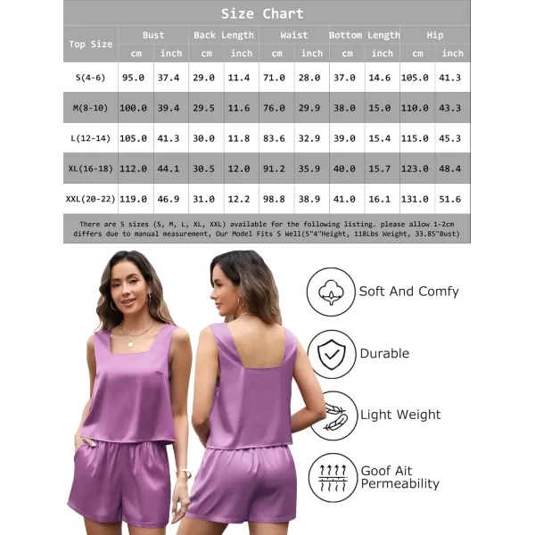 Leikar 2 Piece Sets For Women Summer Satin Silk Pajamas Short Set Square Neck Tank Top Lounge SetsViolet