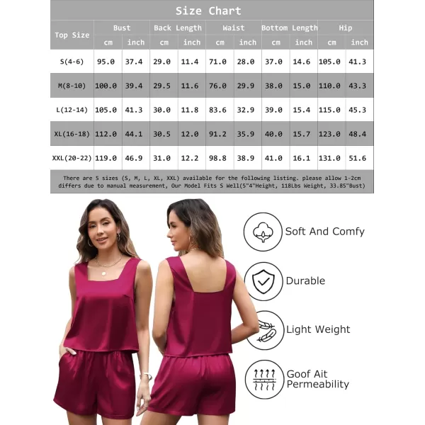Leikar 2 Piece Sets For Women Summer Satin Silk Pajamas Short Set Square Neck Tank Top Lounge SetsWine Red